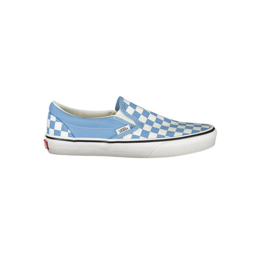 Vans Blue Polyester Sneaker with elastic, checked pattern, classic slip-on design, logo, and contrasting details.
