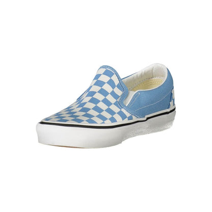 Vans Blue Polyester Sneaker, sports shoe with elastic slip-on, checked design, contrasting details, logo visible.