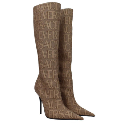 Versace Beige Fabric High Heel Boots with logo, pointy toe, zip closure, and leather sole, featuring a stylish casual design.