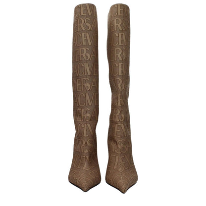 Versace Beige Fabric High Heel Boots with logo, pointy toe, leather sole, and zip closure, style code F80012, heel height 11 cm.