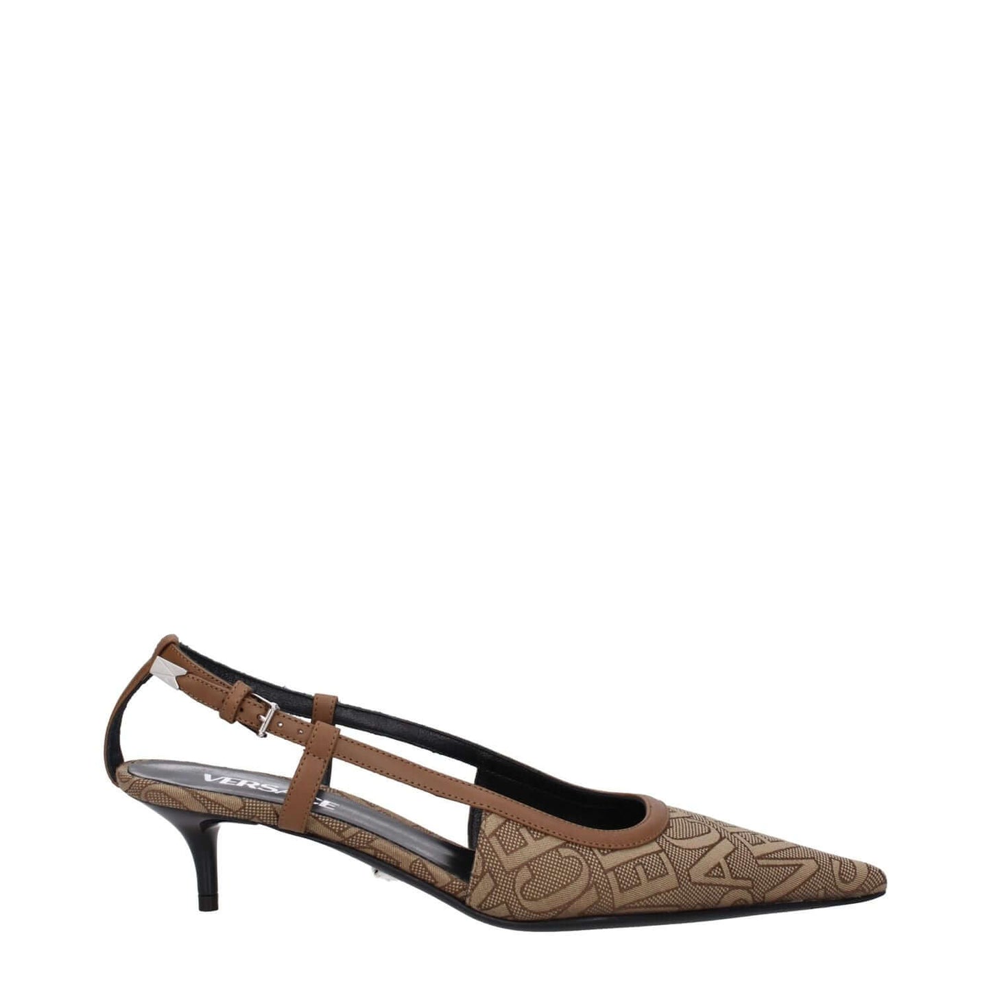 Versace Beige Fabric Mid Heel Pumps with pointy toe and buckle closure, featuring logo design and leather sole. Style: Casual.