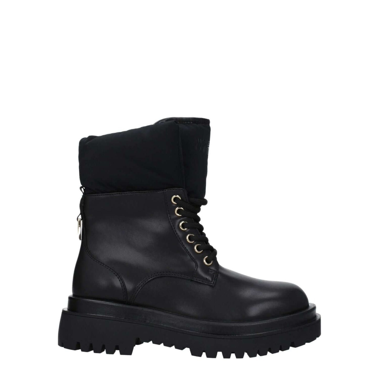 Versace Jeans Black Polyethylene Ankle Boots with rubber sole, mid heel, and lace-up closure, featuring a front logo.
