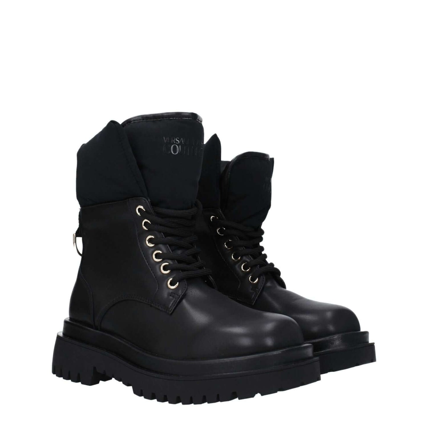 Versace Jeans Black Polyethylene Ankle Boots with lace-up closure and mid heels, featuring a front logo and rubber sole.