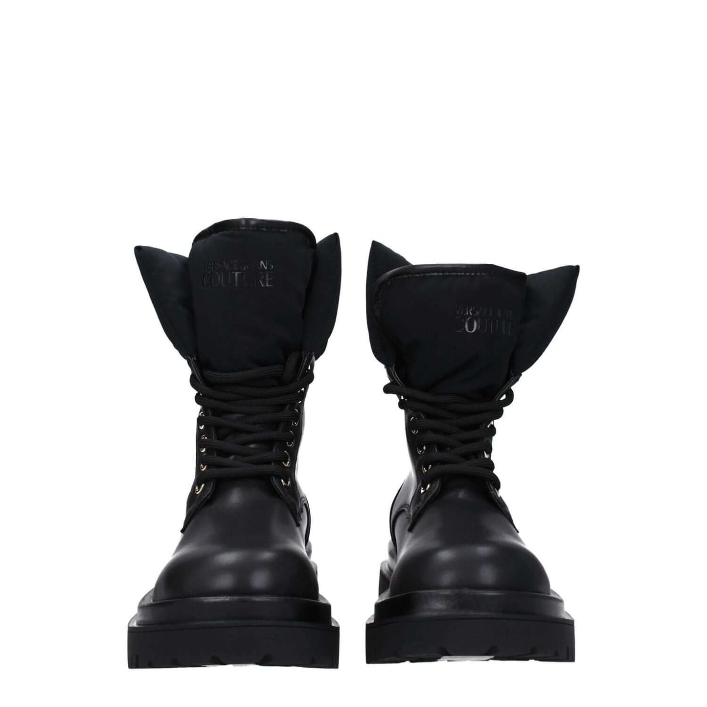 Versace Jeans Black Polyethylene Ankle Boots featuring lace-up closure and front logo, 5 cm mid heel, round toe, and rubber sole.