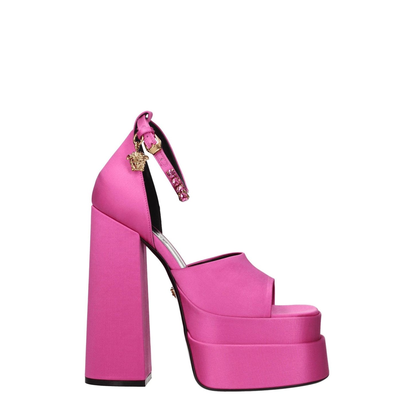 Versace Pink Satin Platform Sandals with buckle closure, rhinestone detail, high heel, and open toe design.