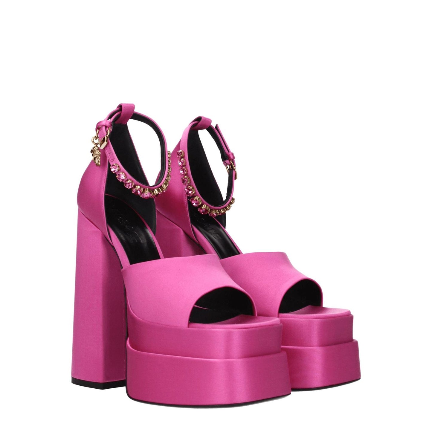 Versace Pink Satin Platform Sandals with rhinestones, open toe, high heel, buckle closure, leather sole, 15.5 cm heel height.