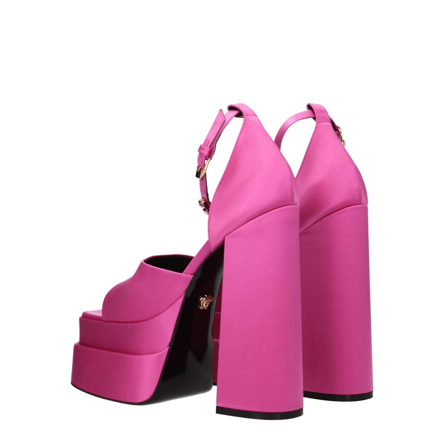 Versace Pink Satin Platform Sandals with high heel and buckle closure, featuring rhinestone side detail.
