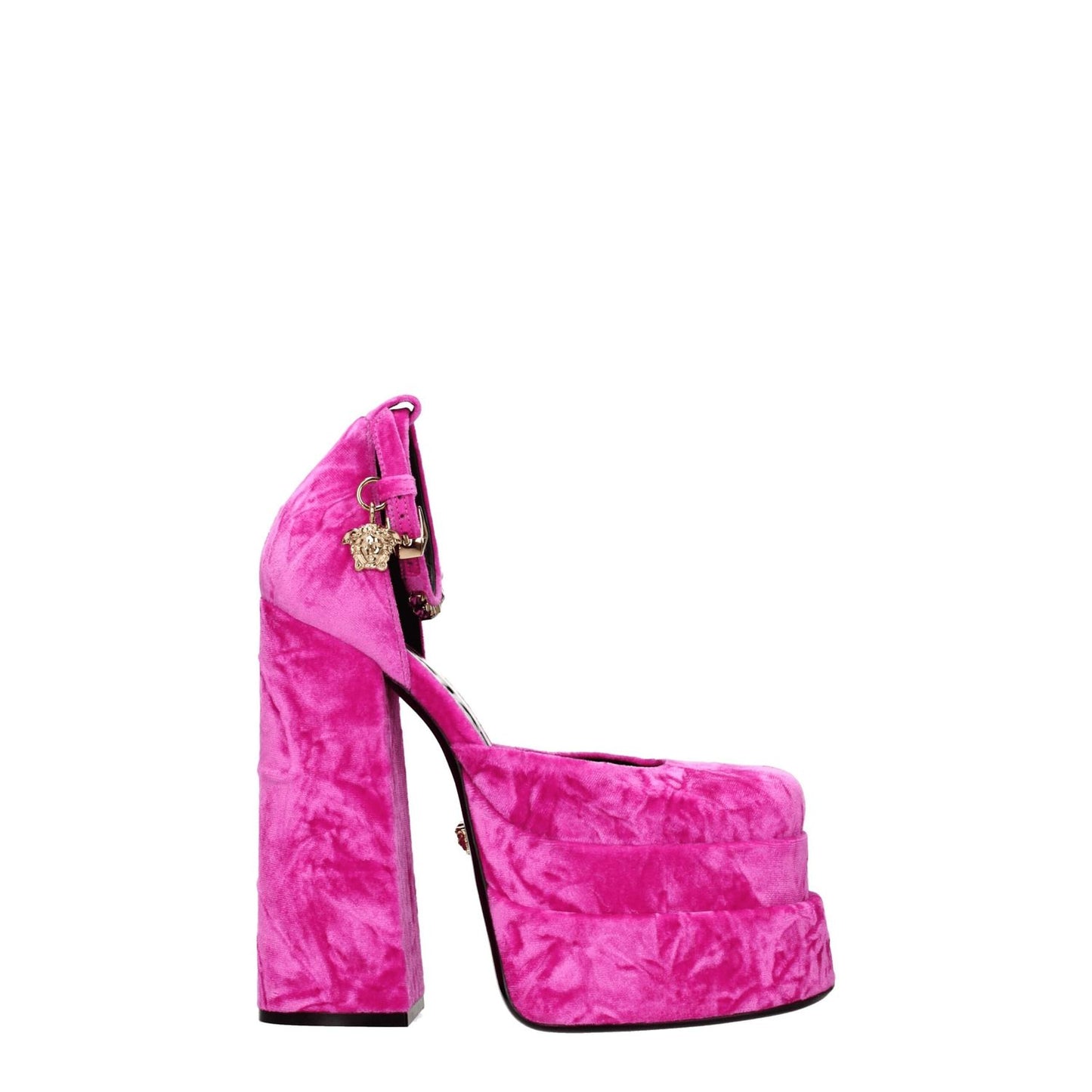 Versace Pink Velvet Platform Sandals with rhinestone detail, gold buckle closure, square toe, high heel, 15.5 cm height, leather sole.