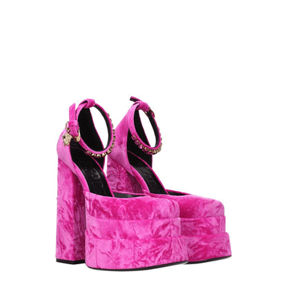 Versace Pink Velvet Platform Sandals with rhinestone front detail, gold buckle closure, high heel, leather sole, and square toe.