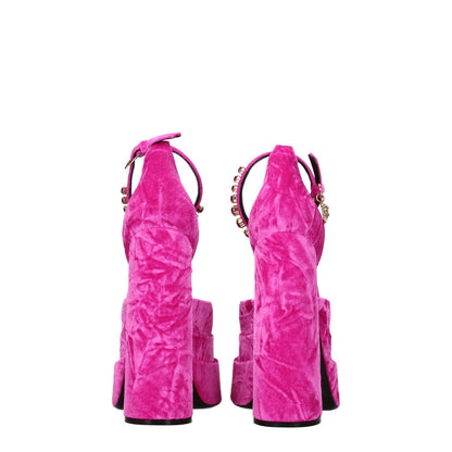 Versace Pink Velvet Platform Sandals with rhinestone detail and high square toe heels, fuchsia velvet, gold buckle closure, rear view.