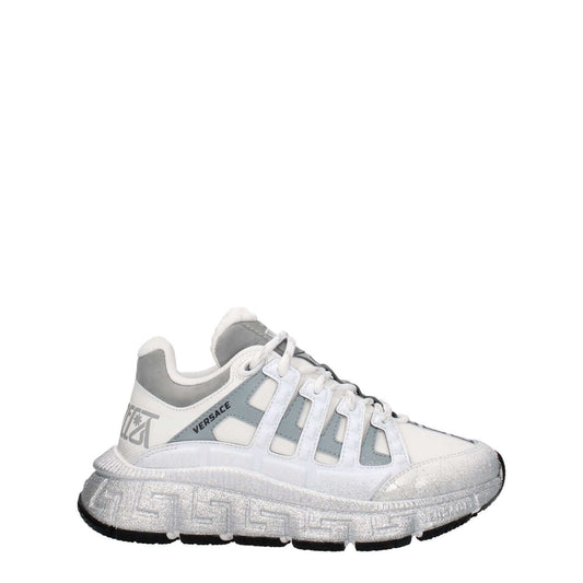 Versace White Fabric Athletic Sneakers with logos, lace-up closure, rubber sole, and mid heels, featuring silver accents and a round toe.