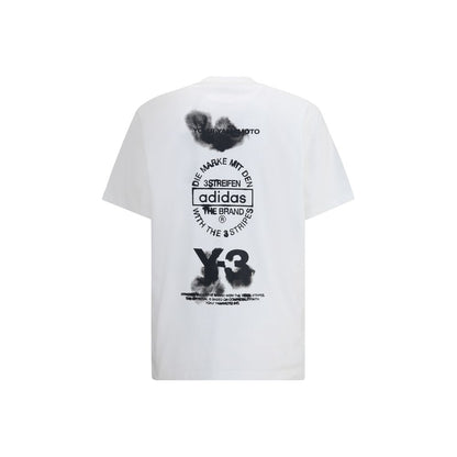 Y-3 White Cotton Sportswear T-shirt featuring bold overlapping logo graphic with ribbed crew neck for contemporary style.