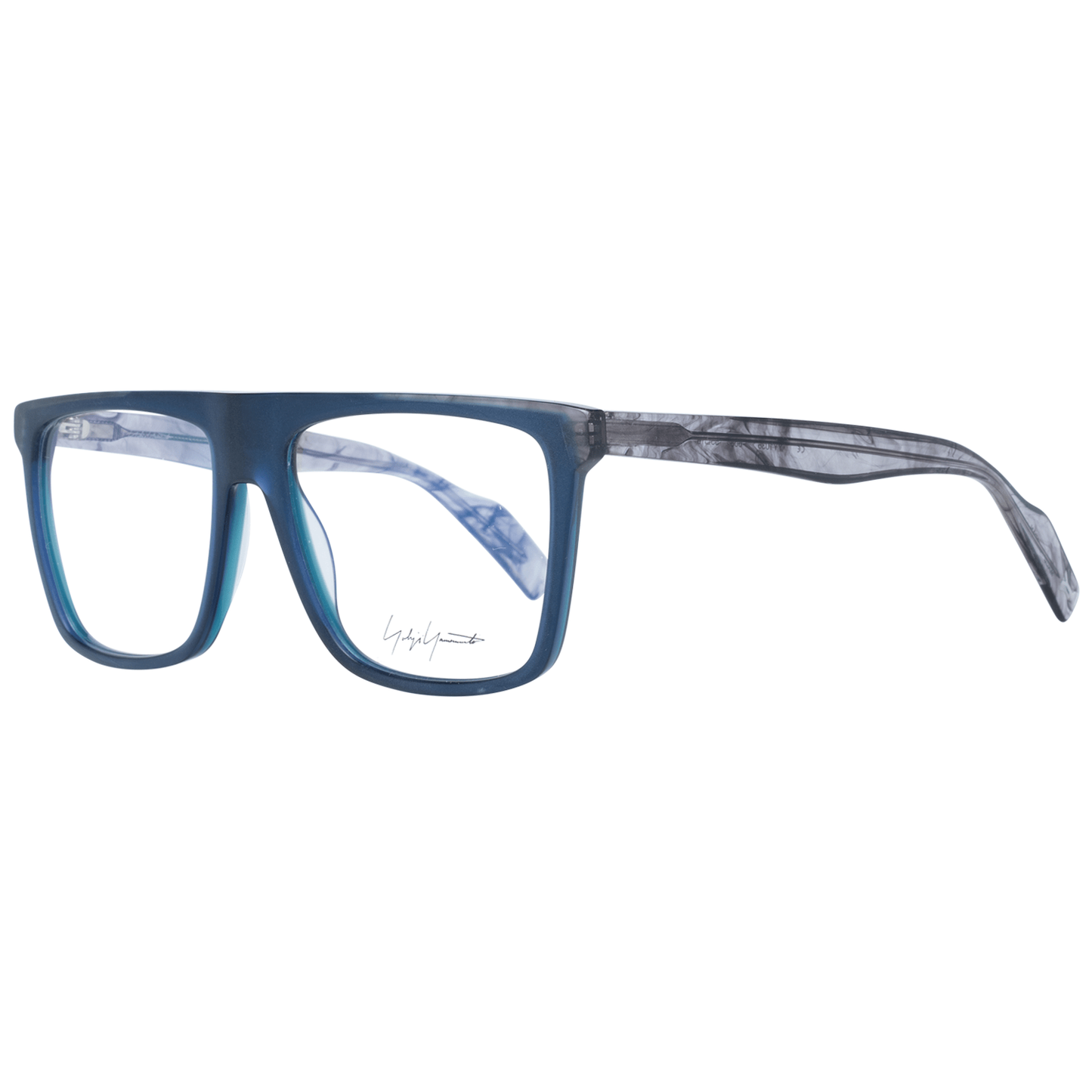 Yohji Yamamoto Blue Plastic Glasses (Frames) with full-rim trapezium style and spring hinges for men, includes branded soft case.