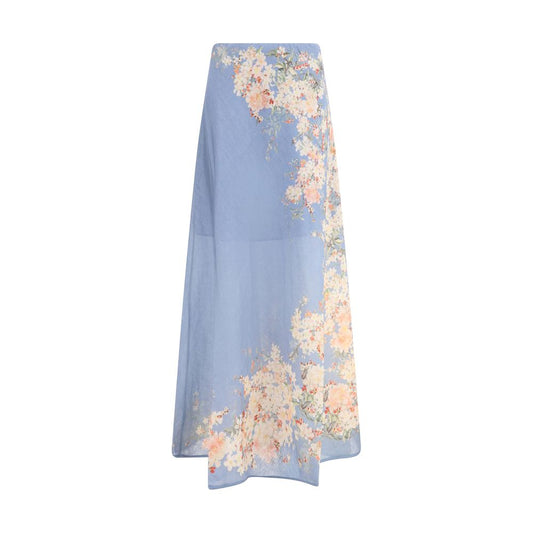 Zimmermann Light Blue Linen Long Skirt with floral print, elastic waist, and partial lining for summer elegance.