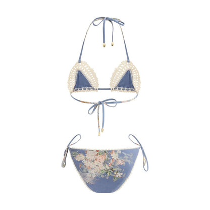 Zimmermann Light Blue Polyamide Bikini with crochet piping and floral print, featuring adjustable side ties and metal detailing.