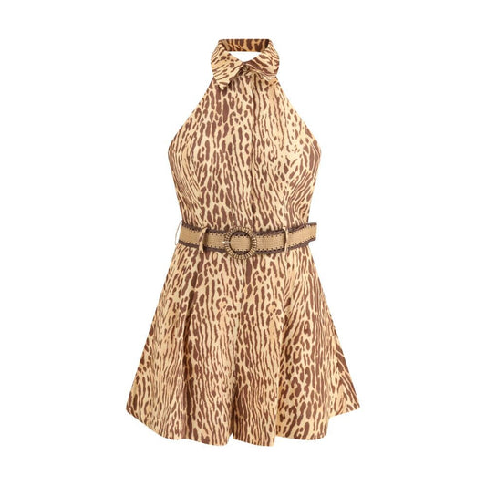 Zimmermann Multicolor Linen Casual Dress with leopard print, detachable belt, and elegant design.