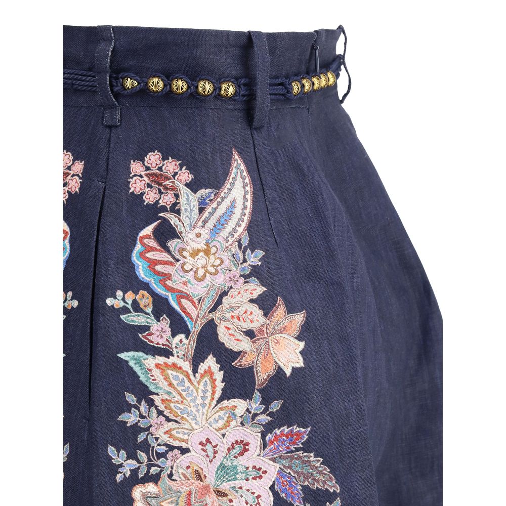 Zimmermann White Linen Bermuda Shorts with multicolored paisley design and scalloped hem, featuring a knotted waistband for a customized fit.