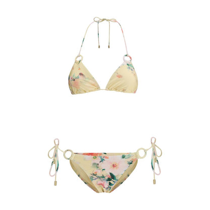 Zimmermann Yellow Polyamide Bikini with floral pattern, featuring adjustable knot closures and elegant design.
