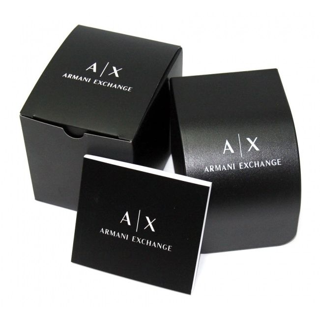 Official packaging for A|X ARMANI EXCHANGE Mod. SPENCER wristwatch with black box and instruction booklet.