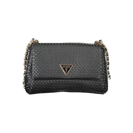 Guess Jeans black polyethylene women's handbag with dual-chain shoulder handles and textured design.