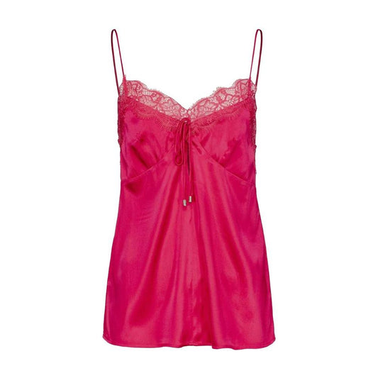 PINKO fuchsia silk top with adjustable straps, featuring satin and lace design, perfect for elegant and stylish wear.